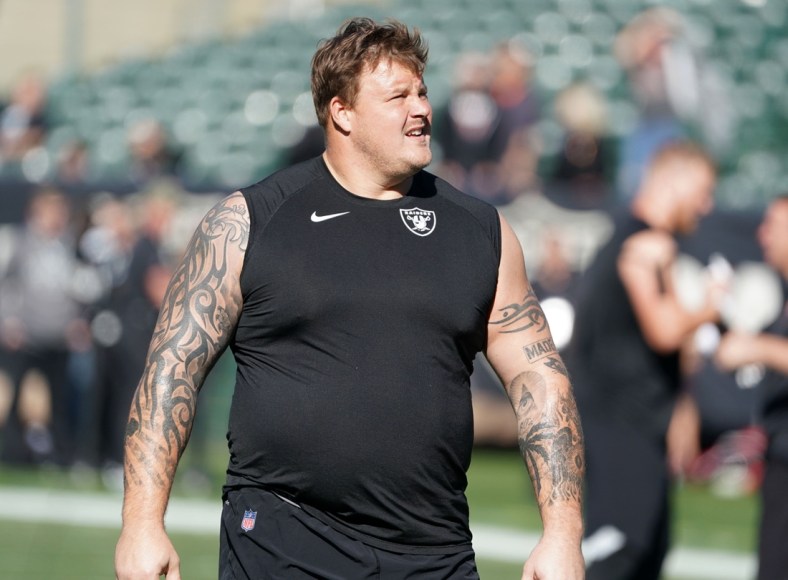 Nov 17, 2019; Oakland, CA, USA; Oakland Raiders offensive guard Richie Incognito (64) before the game against the Cincinnati Bengals at Oakland-Alameda County Coliseum. Mandatory Credit: Kirby Lee-USA TODAY Sports