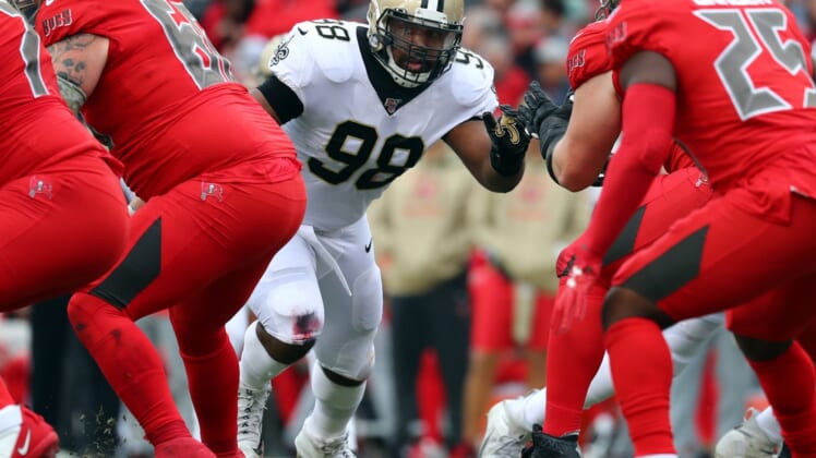 Nov 17, 2019; Tampa, FL, USA; New Orleans Saints defensive tackle Sheldon Rankins (98) rushes against the Tampa Bay Buccaneers during the second half at Raymond James Stadium. Mandatory Credit: Kim Klement-USA TODAY Sports