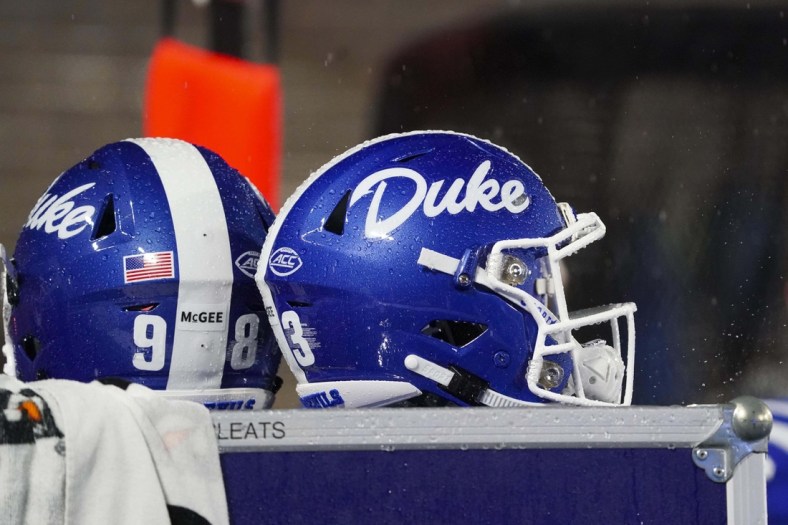 Nov 30, 2019; Durham, NC, USA;  Duke Blue Devils helmet against the Miami Hurricanes during the second half at Wallace Wade Stadium. Mandatory Credit: James Guillory-USA TODAY Sports