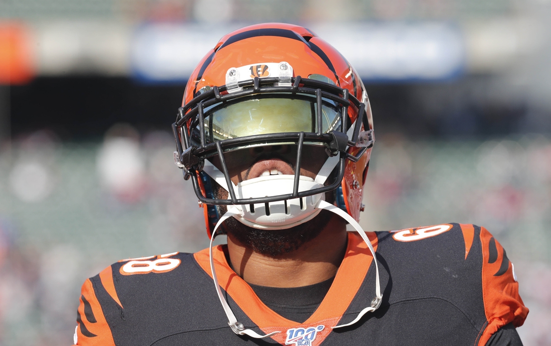 Dec 15, 2019; Cincinnati, OH, USA; Cincinnati Bengals offensive tackle Bobby Hart (68) warms up prior to a game against the New England Patriots at Paul Brown Stadium. Mandatory Credit: David Kohl-USA TODAY Sports