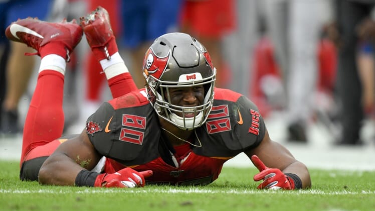 Dec 21, 2019; Tampa, Florida, USA; Tampa Bay Buccaneers tight end O.J. Howard (80) reacts during the fourth quarter against the Houston Texans at Raymond James Stadium. Mandatory Credit: Douglas DeFelice-USA TODAY Sports