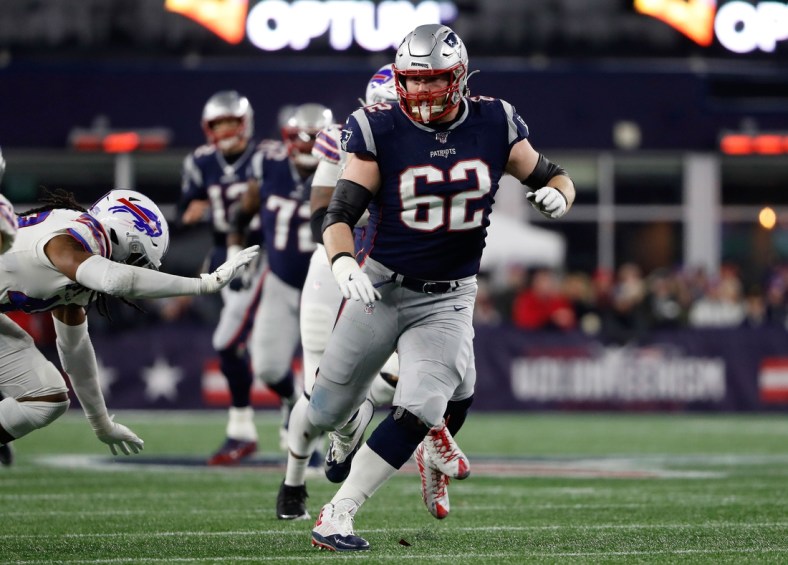 Dec 21, 2019; Foxborough, Massachusetts, USA; New England Patriots offensive guard Joe Thuney (62) looks to block against the Buffalo Bills during the second half at Gillette Stadium. Mandatory Credit: Winslow Townson-USA TODAY Sports