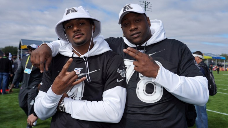 Jan 22, 2020; Kissimmiee, Florida, USA; Houston Texans quarterback Deshaun Watson (4) and tackle Laremy Tunsil (78) pose during AFC practice at ESPN Wide World of Sports. Mandatory Credit: Kirby Lee-USA TODAY Sports