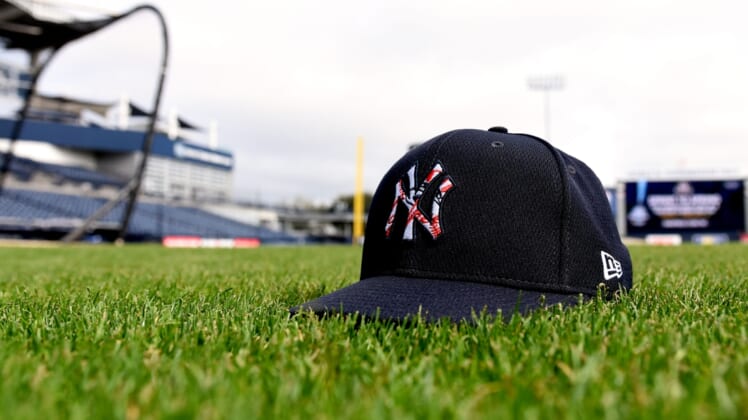 Feb 14, 2020; Tampa, Florida, USA; A New York Yankees hat is seen during a spring training workout at George M. Steinbrenner Field. Mandatory Credit: Jonathan Dyer-USA TODAY Sports