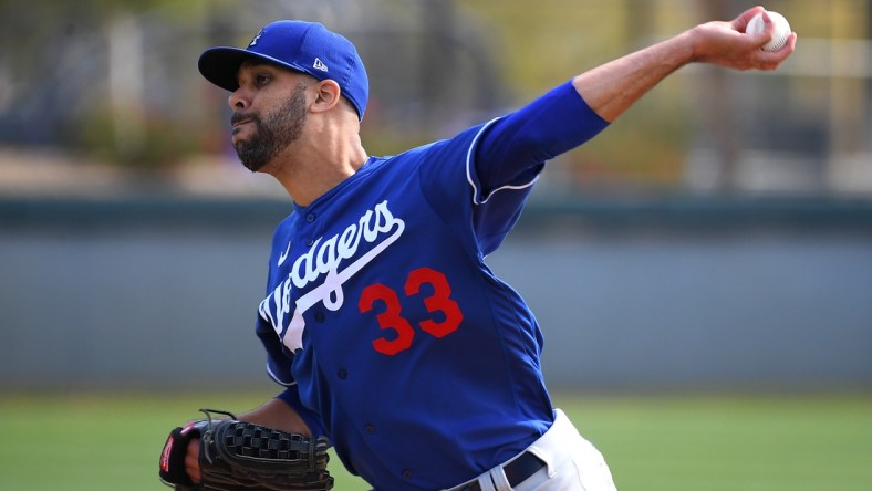 Feb 21, 2020; Glendale, Arizona, USA;  Los Angeles Dodgers starting pitcher David Price (33) throws live batting practice during spring training at Camelback Ranch. Mandatory Credit: Jayne Kamin-Oncea-USA TODAY Sports