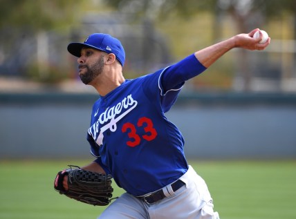Feb 21, 2020; Glendale, Arizona, USA;  Los Angeles Dodgers starting pitcher David Price (33) throws live batting practice during spring training at Camelback Ranch. Mandatory Credit: Jayne Kamin-Oncea-USA TODAY Sports