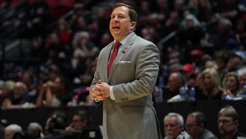 Feb 22, 2020; San Diego, California, USA; UNLV Rebels head coach T.J. Otzelberger reacts in the second half against the San Diego State Aztecs at Viejas Arena. UNLV won 66-63. Mandatory Credit: Kirby Lee-USA TODAY Sports