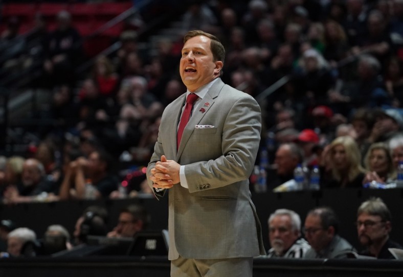 Feb 22, 2020; San Diego, California, USA; UNLV Rebels head coach T.J. Otzelberger reacts in the second half against the San Diego State Aztecs at Viejas Arena. UNLV won 66-63. Mandatory Credit: Kirby Lee-USA TODAY Sports