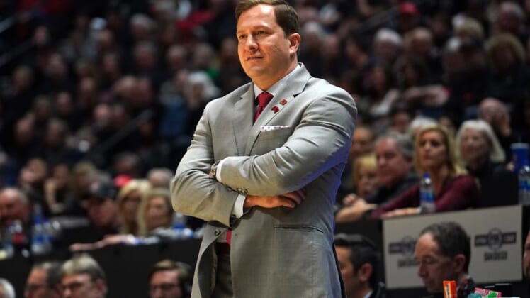 Feb 22, 2020; San Diego, California, USA; UNLV Rebels head coach T.J. Otzelberger reacts in the second half against the San Diego State Aztecs at Viejas Arena. UNLV won 66-63. Mandatory Credit: Kirby Lee-USA TODAY Sports