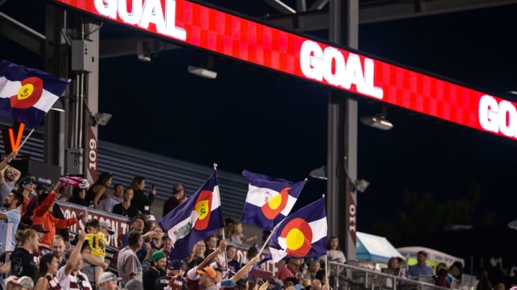 Sep 29, 2019; Commerce City, CO, USA; Colorado Rapids fans celebrate after a goal in the second half against FC Dallas at Dick's Sporting Goods Park. Mandatory Credit: Isaiah J. Downing-USA TODAY Sports