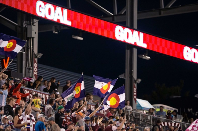 Sep 29, 2019; Commerce City, CO, USA; Colorado Rapids fans celebrate after a goal in the second half against FC Dallas at Dick's Sporting Goods Park. Mandatory Credit: Isaiah J. Downing-USA TODAY Sports