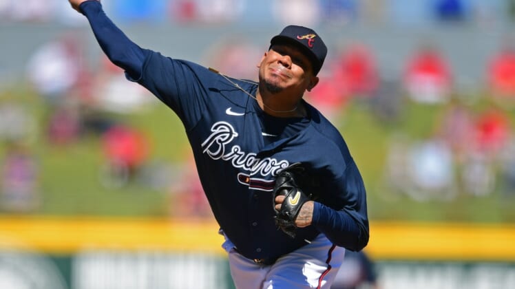 Feb 27, 2020; North Port, Florida, USA; Atlanta Braves starting pitcher Felix Hernandez (34) throws a pitch during the first inning against the St. Louis Cardinals at CoolToday Park. Mandatory Credit: David Dermer-USA TODAY Sports