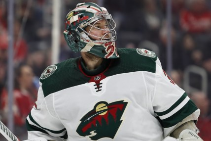 Feb 27, 2020; Detroit, Michigan, USA; Minnesota Wild goaltender Alex Stalock (32) looks on during the second period against the Detroit Red Wings at Little Caesars Arena. Mandatory Credit: Raj Mehta-USA TODAY Sports