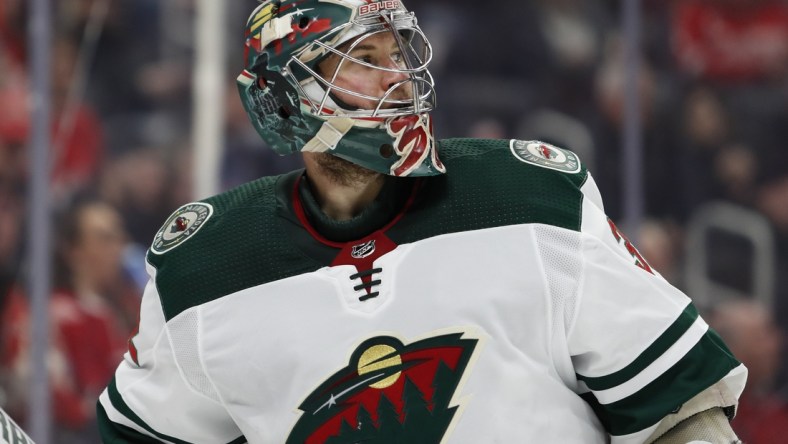 Feb 27, 2020; Detroit, Michigan, USA; Minnesota Wild goaltender Alex Stalock (32) looks on during the second period against the Detroit Red Wings at Little Caesars Arena. Mandatory Credit: Raj Mehta-USA TODAY Sports