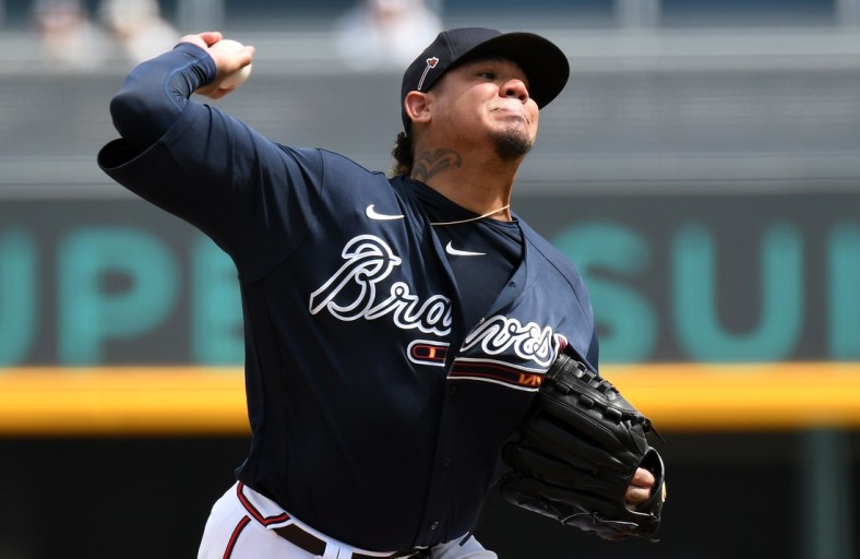 Mar 3, 2020; North Port, Florida, USA; Atlanta Braves starting pitcher Felix Hernandez (34) throws a pitch against the Tampa Bay Rays in the first inning at CoolToday Park. Mandatory Credit: Jonathan Dyer-USA TODAY Sports
