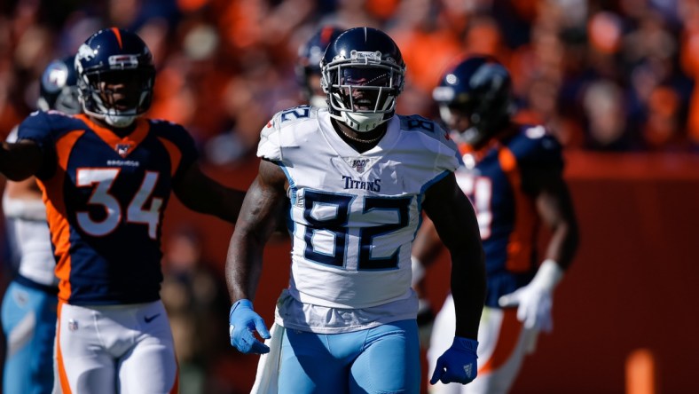 Oct 13, 2019; Denver, CO, USA; Tennessee Titans tight end Delanie Walker (82) reacts in the first quarter against the Denver Broncos at Empower Field at Mile High. Mandatory Credit: Isaiah J. Downing-USA TODAY Sports