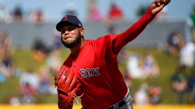 Mar 6, 2020; North Port, Florida, USA; Boston Red Sox pitcher Eduardo Rodriguez (57) throws a pitch during the second inning against the Atlanta Braves at a spring training game at CoolToday Park. Mandatory Credit: Douglas DeFelice-USA TODAY Sports