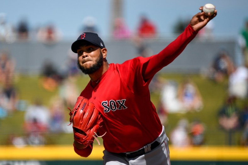 Mar 6, 2020; North Port, Florida, USA; Boston Red Sox pitcher Eduardo Rodriguez (57) throws a pitch during the second inning against the Atlanta Braves at a spring training game at CoolToday Park. Mandatory Credit: Douglas DeFelice-USA TODAY Sports