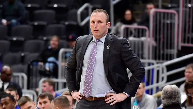 Mar 7, 2020; St. Louis, MO, USA;  Drake Bulldogs head coach Darian DeVries looks on during the first half against the Bradley Braves at Enterprise Center. Mandatory Credit: Jeff Curry-USA TODAY Sports