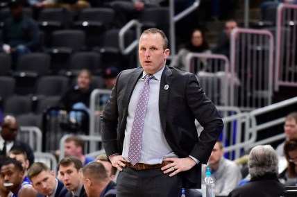 Mar 7, 2020; St. Louis, MO, USA;  Drake Bulldogs head coach Darian DeVries looks on during the first half against the Bradley Braves at Enterprise Center. Mandatory Credit: Jeff Curry-USA TODAY Sports