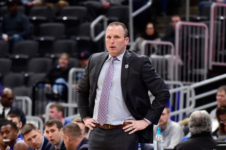 Mar 7, 2020; St. Louis, MO, USA;  Drake Bulldogs head coach Darian DeVries looks on during the first half against the Bradley Braves at Enterprise Center. Mandatory Credit: Jeff Curry-USA TODAY Sports