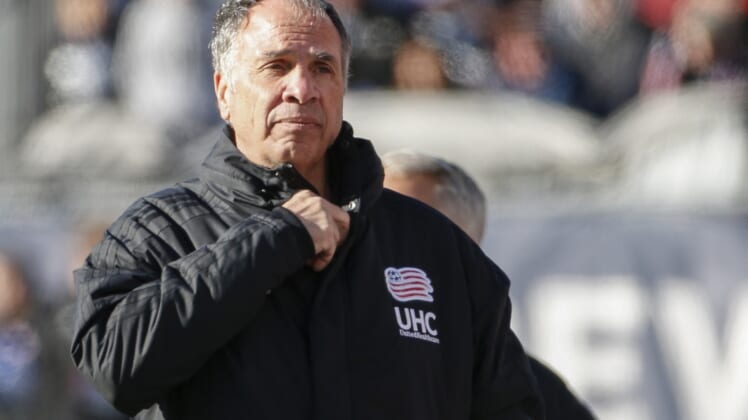 Mar 7, 2020; Foxborough, Massachusetts, USA;  New England Revolution manager Bruce Arena reacts during the second half against the Chicago Fire at Gillette Stadium. Mandatory Credit: Greg M. Cooper-USA TODAY Sports