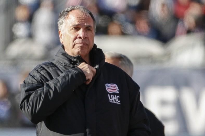 Mar 7, 2020; Foxborough, Massachusetts, USA;  New England Revolution manager Bruce Arena reacts during the second half against the Chicago Fire at Gillette Stadium. Mandatory Credit: Greg M. Cooper-USA TODAY Sports