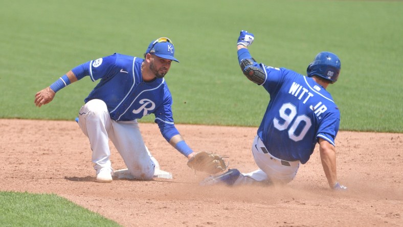 Jul 7, 2020; Kansas City, Missouri, United States; Kansas City Royals shortstop Humberto Arteaga (2) tags out infielder Bobby Witt Jr. (90) during workouts at Kauffman Stadium. Mandatory Credit: Denny Medley-USA TODAY Sports