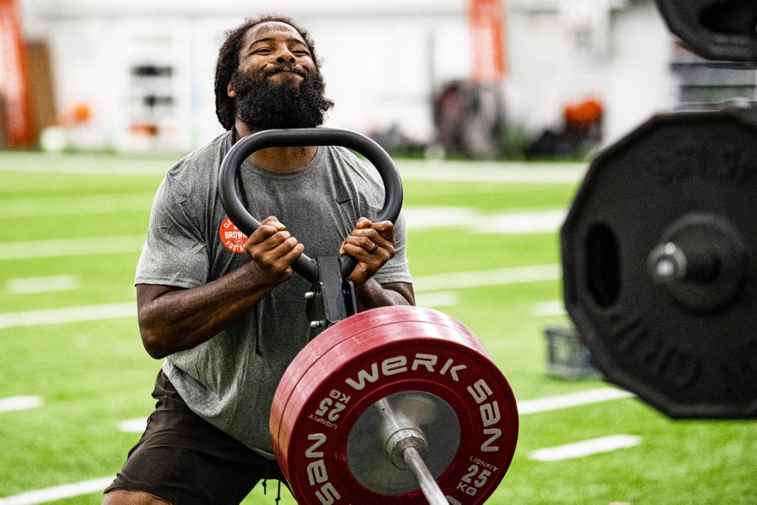 Aug 10, 2020; Cleveland, OH, USA;  Cleveland Browns player Adrian Clayborn during training camp. Mandatory Credit: Matt Starkey/Cleveland Browns via USA TODAY Sports