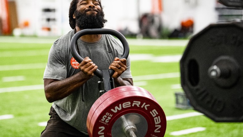 Aug 10, 2020; Cleveland, OH, USA;  Cleveland Browns player Adrian Clayborn during training camp. Mandatory Credit: Matt Starkey/Cleveland Browns via USA TODAY Sports