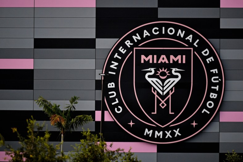 Aug 22, 2020; Fort Lauderdale, FL, Fort Lauderdale, FL, USA; A general view of the Inter Miami logo outside of Inter Miami CF Stadium prior to the match between the Inter Miami and the Orlando City. Mandatory Credit: Jasen Vinlove-USA TODAY Sports