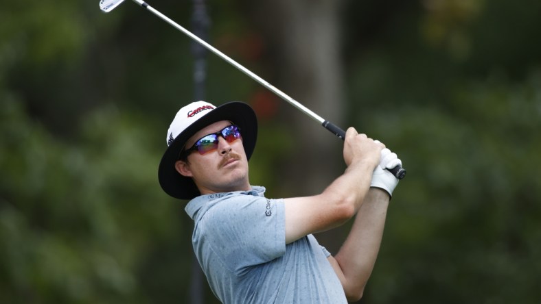 Aug 27, 2020; Olympia Fields, Illinois, USA; Joel Dahmen hits his tee shot on the 16th hole during the first round of the BMW Championship golf tournament at Olympia Fields Country Club - North. Mandatory Credit: Brian Spurlock-USA TODAY Sports