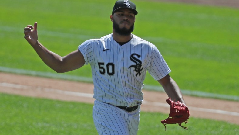 Aug 29, 2020; Chicago, Illinois, USA; Chicago White Sox relief pitcher Jimmy Cordero (50) reacts after getting an inning-ending double play during the fifth inning against the Kansas City Royals at Guaranteed Rate Field. Mandatory Credit: Dennis Wierzbicki-USA TODAY Sports