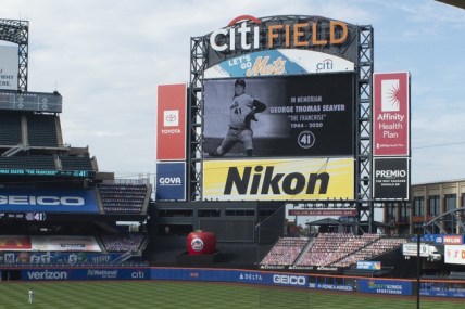 Sep 3, 2020; New York City, New York, USA; A tribute is paid to New York Mets Hall of Fame Tom Seaver prior to the game at Citi Field. Mandatory Credit: Gregory Fisher-USA TODAY Sports