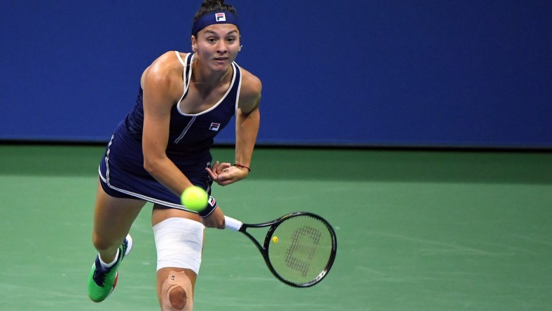 Sep 3, 2020; Flushing Meadows, New York, USA; Margarita Gasparyan of Russia serves the ball against Serena Williams of the United States on day four of the 2020 U.S. Open tennis tournament at USTA Billie Jean King National Tennis Center. Mandatory Credit: Robert Deutsch-USA TODAY Sports