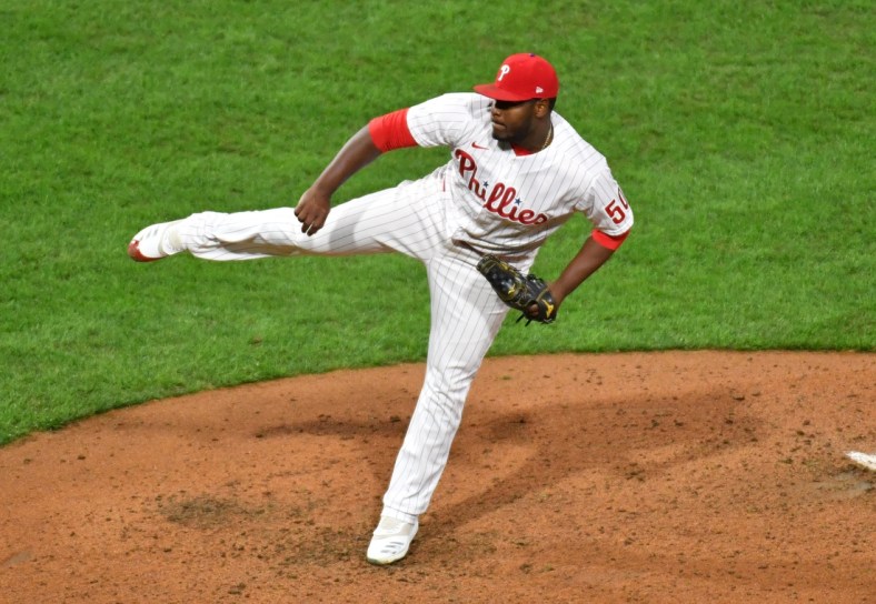 Sep 15, 2020; Philadelphia, Pennsylvania, USA; Philadelphia Phillies relief pitcher Hector Neris (50) delivers a pitch during the ninth inning against the New York Mets at Citizens Bank Park. Mandatory Credit: Eric Hartline-USA TODAY Sports