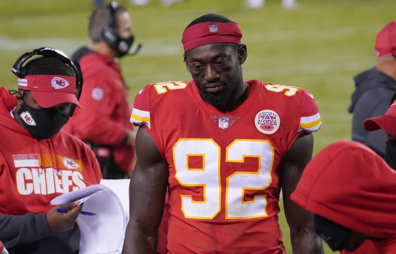 Sep 10, 2020; Kansas City, Missouri, USA; Kansas City Chiefs defensive end Tanoh Kpassagnon (92) on the sidelines during the game against the Houston Texans at Arrowhead Stadium. Mandatory Credit: Denny Medley-USA TODAY Sports