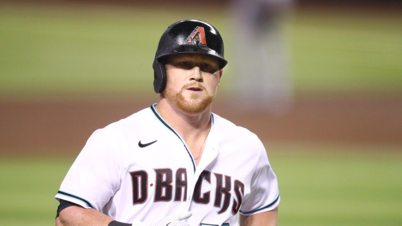 Aug 25, 2020; Phoenix, Arizona, USA; Arizona Diamondbacks outfielder Kole Calhoun against the Colorado Rockies at Chase Field. Mandatory Credit: Mark J. Rebilas-USA TODAY Sports