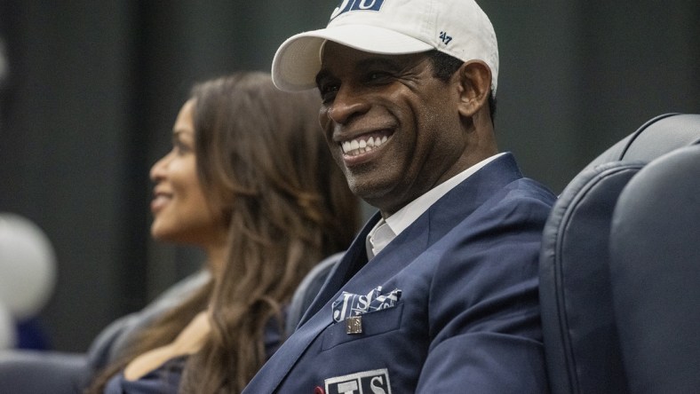 Sep 21, 2020; Jackson, MS, USA; Deion Sanders smiles as he is introduced as Jackson State's head football coach at the Lee E. Williams Athletics and Assembly Center at JSU Monday, September 21, 2020. Mandatory Credit: Eric Shelton/Clarion Ledger-USA TODAY NETWORK