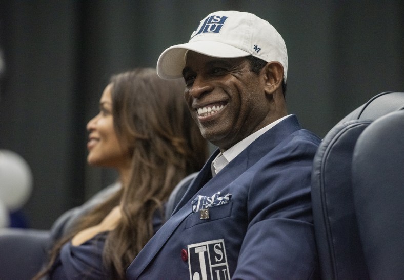 Sep 21, 2020; Jackson, MS, USA; Deion Sanders smiles as he is introduced as Jackson State's head football coach at the Lee E. Williams Athletics and Assembly Center at JSU Monday, September 21, 2020. Mandatory Credit: Eric Shelton/Clarion Ledger-USA TODAY NETWORK