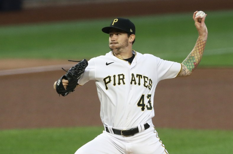 Sep 22, 2020; Pittsburgh, Pennsylvania, USA;  Pittsburgh Pirates starting pitcher Steven Brault (43) delivers a pitch against the Chicago Cubs during the first inning at PNC Park. Mandatory Credit: Charles LeClaire-USA TODAY Sports