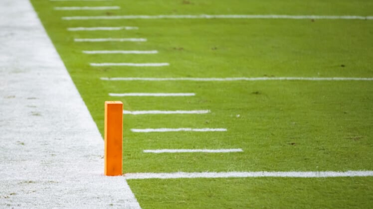 Sep 20, 2020; Glendale, Arizona, USA; General view of the goal line, yard marker hashmarks and scoring pylon in the end zone during the Arizona Cardinals game against the Washington Football Team at State Farm Stadium. Mandatory Credit: Mark J. Rebilas-USA TODAY Sports