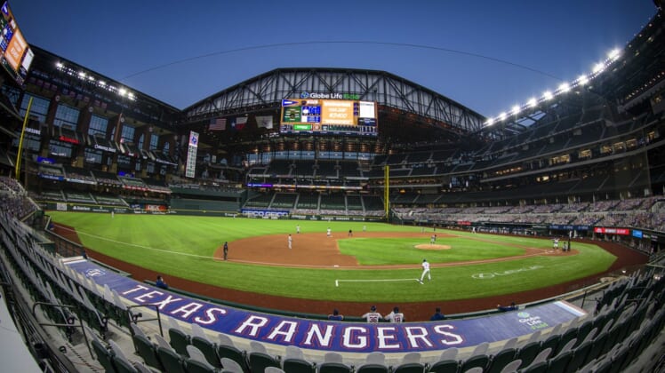 Sep 24, 2020; Arlington, Texas, USA; A view of the field and the open roof during the game between the Texas Rangers and the Houston Astros at Globe Life Field. Mandatory Credit: Jerome Miron-USA TODAY Sports