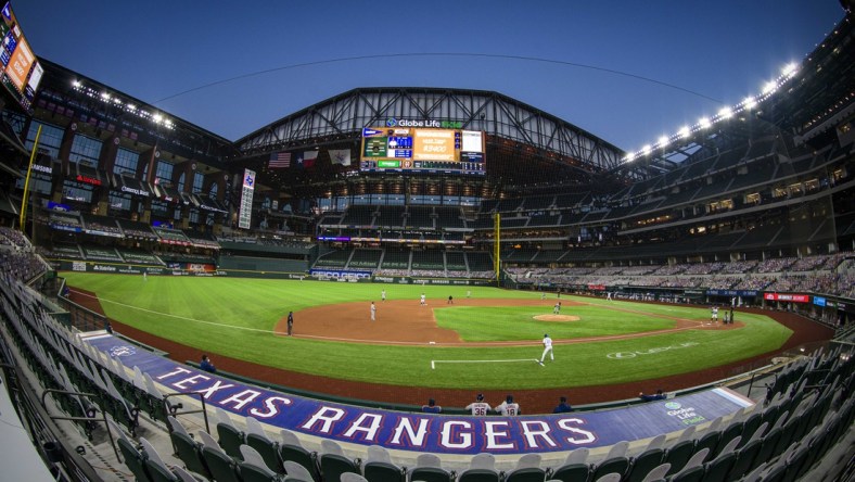 Sep 24, 2020; Arlington, Texas, USA; A view of the field and the open roof during the game between the Texas Rangers and the Houston Astros at Globe Life Field. Mandatory Credit: Jerome Miron-USA TODAY Sports