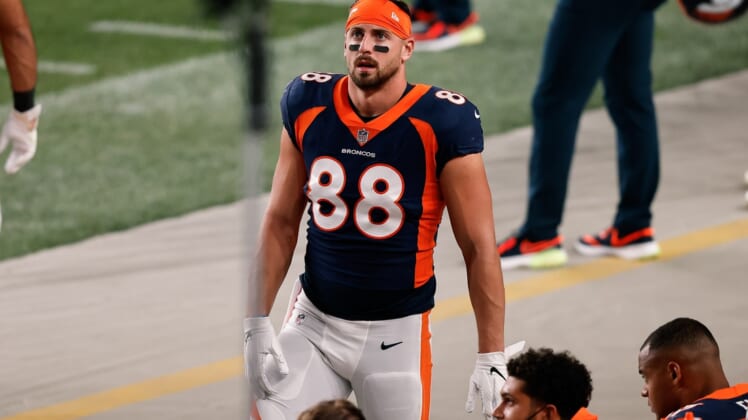 Sep 14, 2020; Denver, Colorado, USA; Denver Broncos tight end Nick Vannett (88) in the third quarter against the Tennessee Titans at Empower Field at Mile High. Mandatory Credit: Isaiah J. Downing-USA TODAY Sports