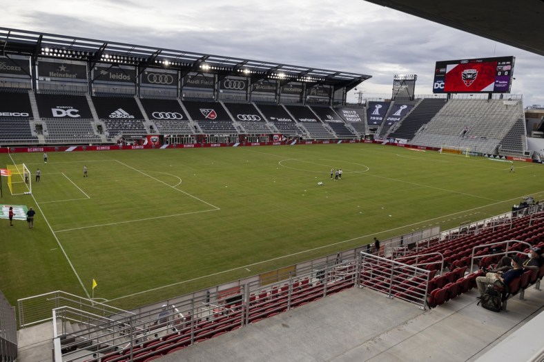 Sep 27, 2020; Washington, D.C., USA; A general view of the stadium before the game between the D.C. United and the New England Revolution at Audi Field. Fans were not permitted to attend the game due to the novel coronavirus (COVID-19) pandemic. Mandatory Credit: Scott Taetsch-USA TODAY Sports