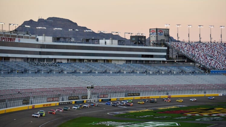 Sep 27, 2020; Las Vegas, Nevada, USA; General view during the South Point 400 at Las Vegas Motor Speedway. Mandatory Credit: Gary A. Vasquez-USA TODAY Sports
