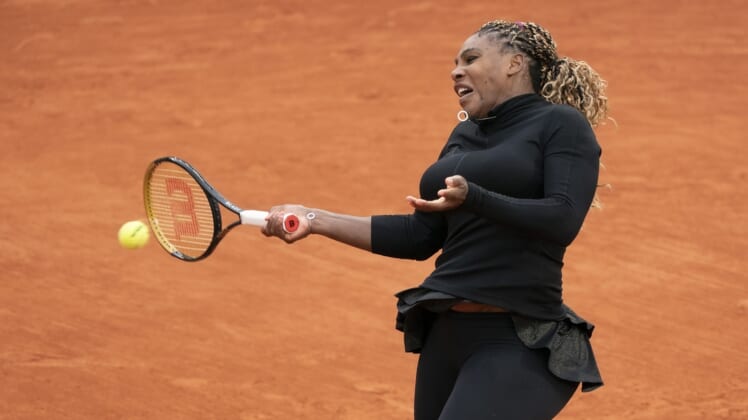 Sep 28, 2020; Paris, France; Serena Williams (USA) in action during her match against Kristie Ahn (USA) on day two of the 2020 French Open at Stade Roland Garros. Mandatory Credit: Susan Mullane-USA TODAY Sports