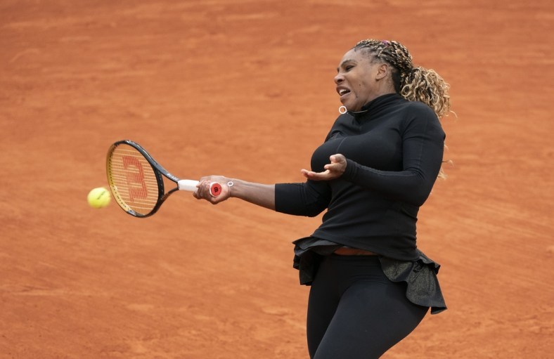 Sep 28, 2020; Paris, France; Serena Williams (USA) in action during her match against Kristie Ahn (USA) on day two of the 2020 French Open at Stade Roland Garros. Mandatory Credit: Susan Mullane-USA TODAY Sports