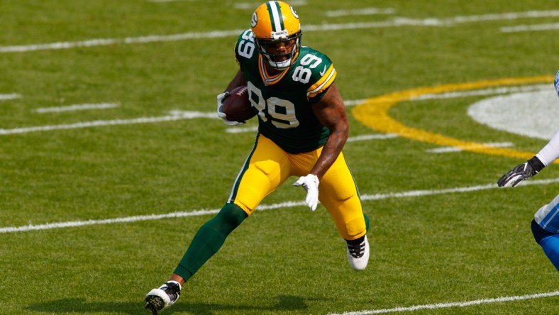 Sep 20, 2020; Green Bay, Wisconsin, USA;  Green Bay Packers tight end Marcedes Lewis (89) during the game against the Detroit Lions at Lambeau Field. Mandatory Credit: Jeff Hanisch-USA TODAY Sports